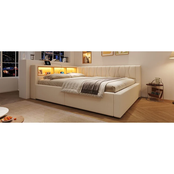 TavilaEcon Daybett Schlafsofa, Tagesbett mit dimmbarer LED-Leiste & USB-Anschluss beige Liegefläche 140 × 200 cm – Bild 8