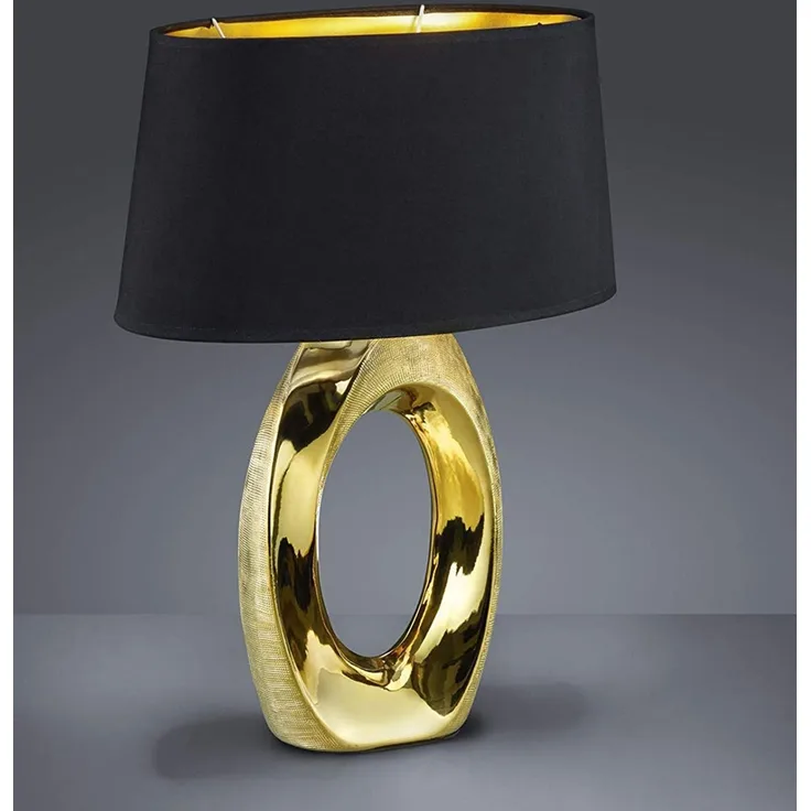 Große LED Tischleuchte1 flammig Keramikfuß goldfarbig Schirm schwarz, Höhe 52cm