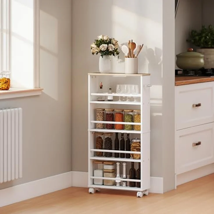 HOMCOM Servierwagen mit 4 Etagen Küchenwagen mit Rollen Griffe Allzweckwagen mit Bremsen schmal Küchenregal Küchenrollwagen für Küche Büro Badezimmer, Natur – Bild 9