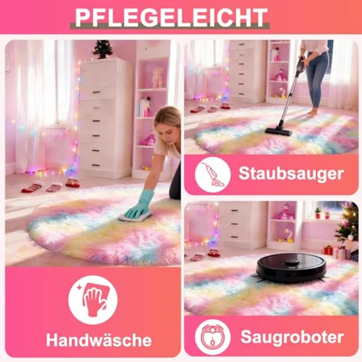 ROHATIM Teppich Schlafzimmer Rund 150 cm Regenbogen Waschbar Rutschfester Runder Hochflorteppich Wohnzimmer Kinderzimmer Mädchen Flauschig – Bild 6