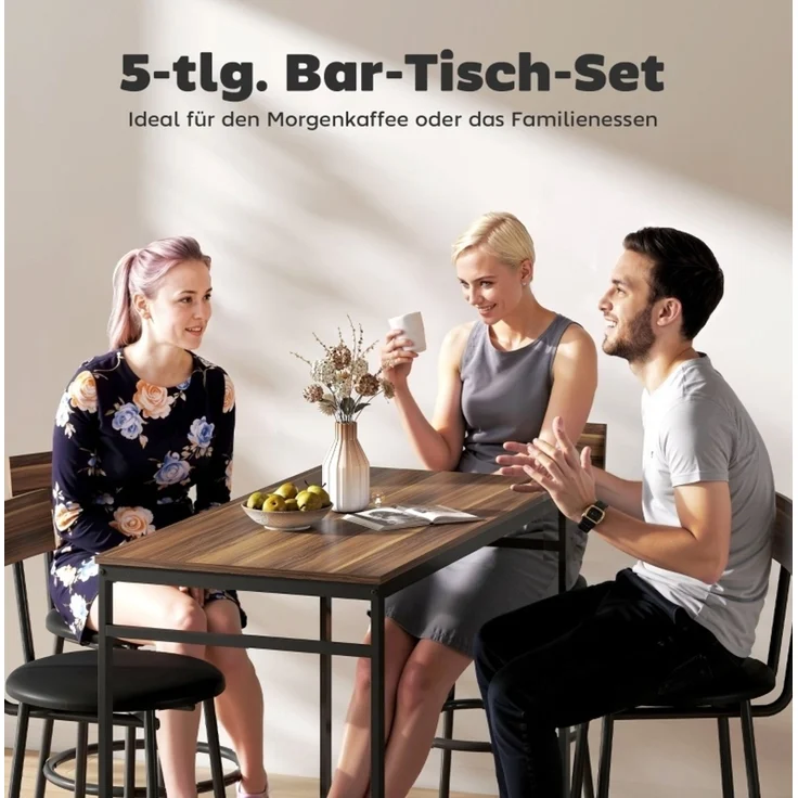 Bartisch-Set 110 x 55 x 90 cm mit 4 Barhockern – platzsparend, braune Holzoptik und schwarzer Stahlrahmen – Bild 7