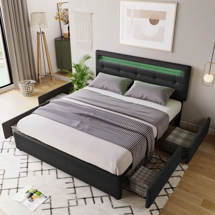 Einzelbett 140 × 200 cm mit LED-Beleuchtung, verstellbarem Kopfteil, 4 Schubladen, Leinenbezug in Schwarz, modernes Design,inklusive Matratze – Bild 5