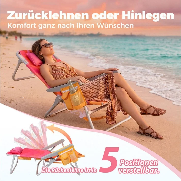 HOMECALL Klappstuhl Strandstuhl Leicht Klappbar Camping, 5-fach verstellbare Rückenlehne (Bis 136KG, Aluminiumrahmen, große Kühltasche und Aufbewahrungstasche, 1 St), Seitentaschen, Kopfstütze, Schultergurten, Handtuchhalter – Bild 2