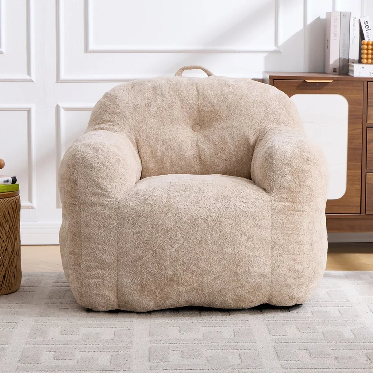 Sitzsack-Sessel 95cm×95cm×79cm mit Armlehnen – Kunstfell in Beige, ergonomisch geformt, ohne Montage – Bild 4