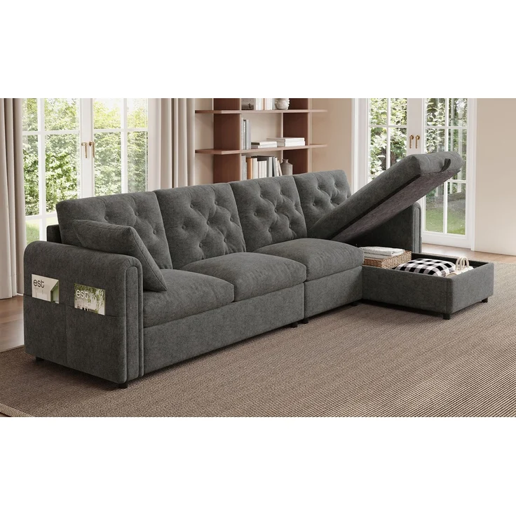 EINHOM Moderns sofa mit Stauraum im Eckbereich , L-förmiger Stauraum im Eckbereich links und rechts verstellbar, Seitliche Armlehnen mit Magazintaschen, Rückenlehne mit Knopfheftung. Grau. (281 x 86 x 71 cm) – Bild 6