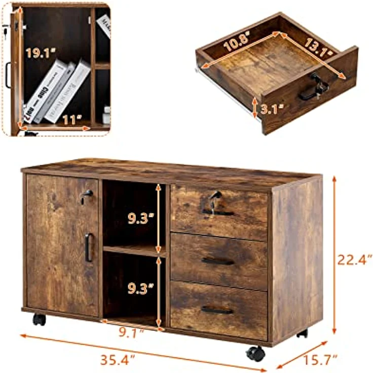 TUKAILAI Rollcontainer Abschließbar mit 3 Schubladen, Lagerung Fach und Offene Regale, Aktenschrank, Büroschrank mit Rollen, Dokumente in DIN-A4, Legal, Letter-Format, Büromöbel, braun – Bild 4