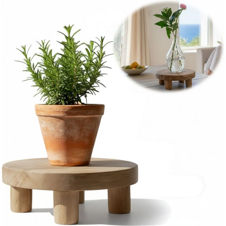 LS-LebenStil Blumenständer Pflanzenhocker Teak Holz XL 30x8cm Rund Mini Tisch Deko Tablett Blumen (Design Deko Hocker Teak Holz 18x15cm Mini Tisch rustikales Tischchen, 1 St, Braun 4 Füße kleiner Pflanzenständer Pflanzentisch Holzhocker Deko), FSC zert... – Bild 1