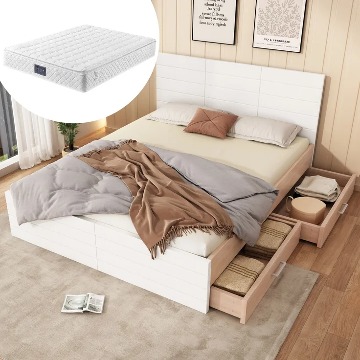 Doppelbett 160x200 cm Weiß Eiche, Bettgestell mit 2 Schubladen, Massivholzrahmen, Stauraumbett mit Lattenrost,inklusive Matratze – Bild 1
