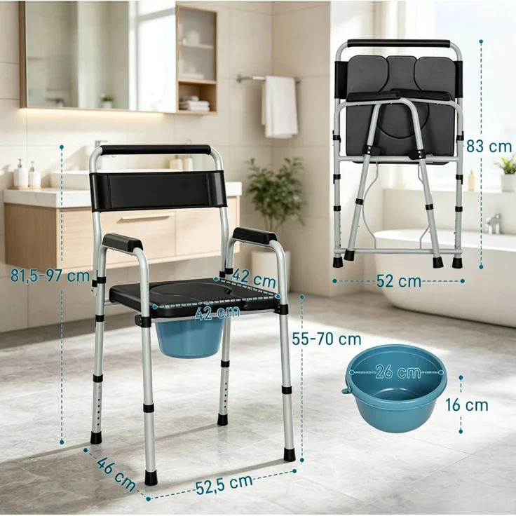 Toilettenstuhl aus Stahl und Kunststoff, klappbar und höhenverstellbar, 52,5x46x81,5–97 cm, Schwarz – Bild 4