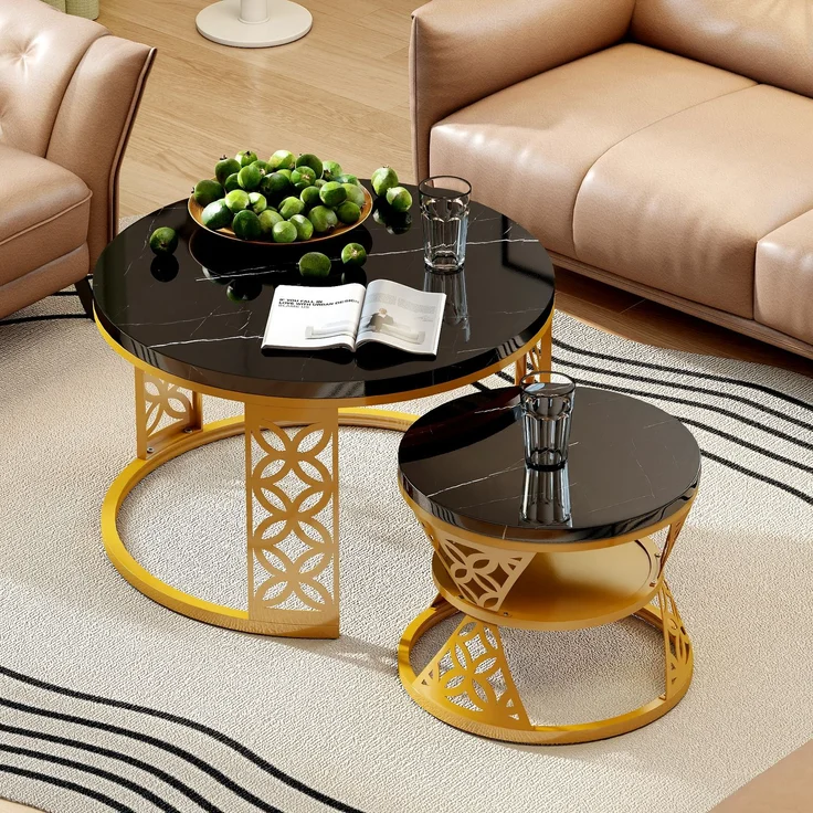 2er-Set runder Couchtisch aus Marmor-Furnier mit Metallrahmen & Kontrastdesign, 70x70x45 cm + 45x45x37 cm – Bild 2
