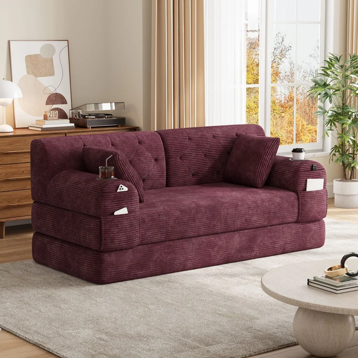 TavilaEcon 2-Sitzer Schlafsofa, komprimiertes Cord Sofa mit hoher Rückenlehne rot 81 × 80 × 168 cm (H × T × B) – Bild 8