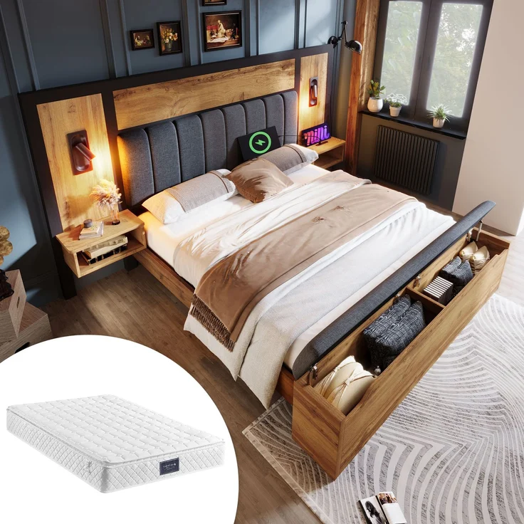 EINHOM Doppelbett Polsterbett 160 x 200 cm, Bettanlage mit Leselampe und USB C Nachttisch und Sitzbank mit Stauraum, Bettgestell mit Lattenrost aus Metall, Holz und Leinen, Eiche, (Mit Matratze) – Bild 1