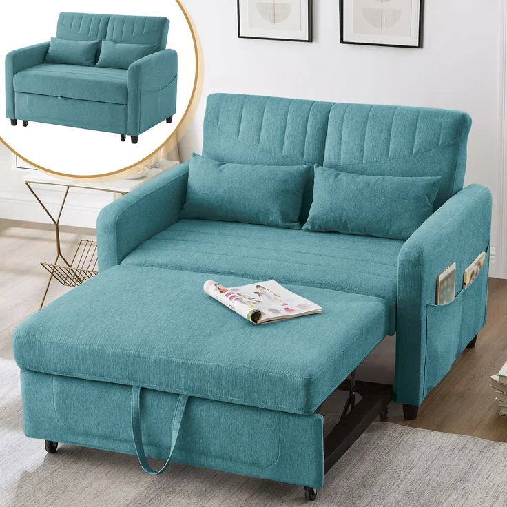 Ausziehsofa mit Schlaffunktion,3-stufig verstellbare Rückenlehne, Baumwoll-Leinen-Bezug, hochdichter Schaumstoff – Bild 5