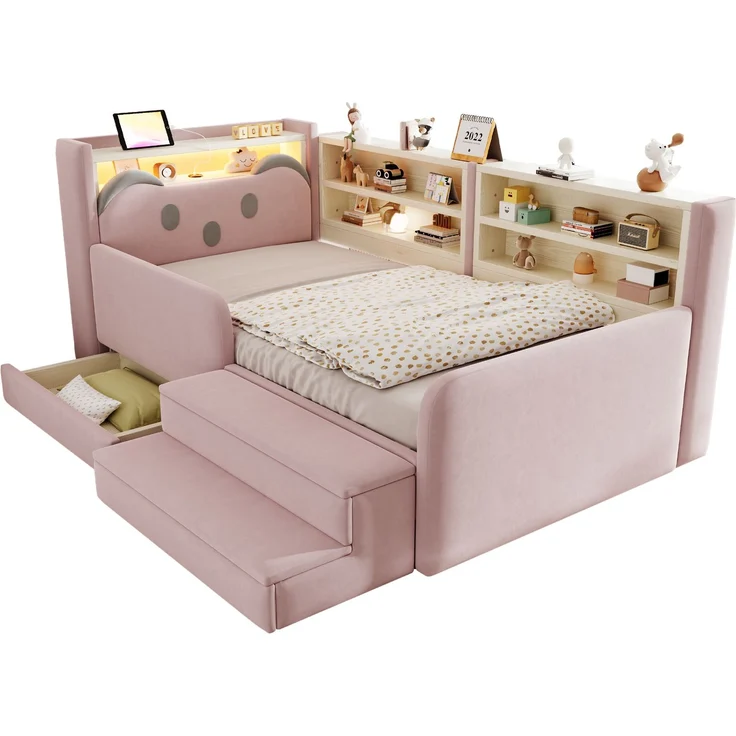 ZUBALIYA Polsterbett, mit Schubladen, mit Stauraum, mit LED-Beleuchtung, mit USB-Anschluss, inklusive Lattenrost, Liegefläche 90 × 200 cm, H 85 × T 218 × B 108.5 cm, Rosa, Samt – Bild 10