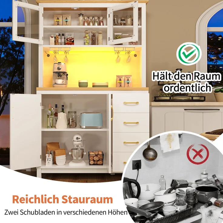 EINHOM Seitenboard / Aufbewahrungsschrank / Küchenschrank / Buffetschrank, 105.5 x 40 x 180 cm, Landhausstil, 4 Türen, mit LED-Lichtleiste & Getränkehaltern, Grün/Schwarz/Weiß, Weiß – Bild 7