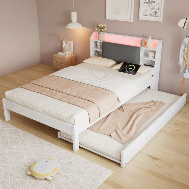 EINHOM Holzbett 120 × 200 cm mit Ausziehbett 90 × 190 cm, weißes Funktionsbett mit gepolstertem Kopfteil, LED-Lichtleiste, Kopfteilregal und Ladestation, Ausziehbett links/rechts montierbar (Ohne Matratze) – Bild 4