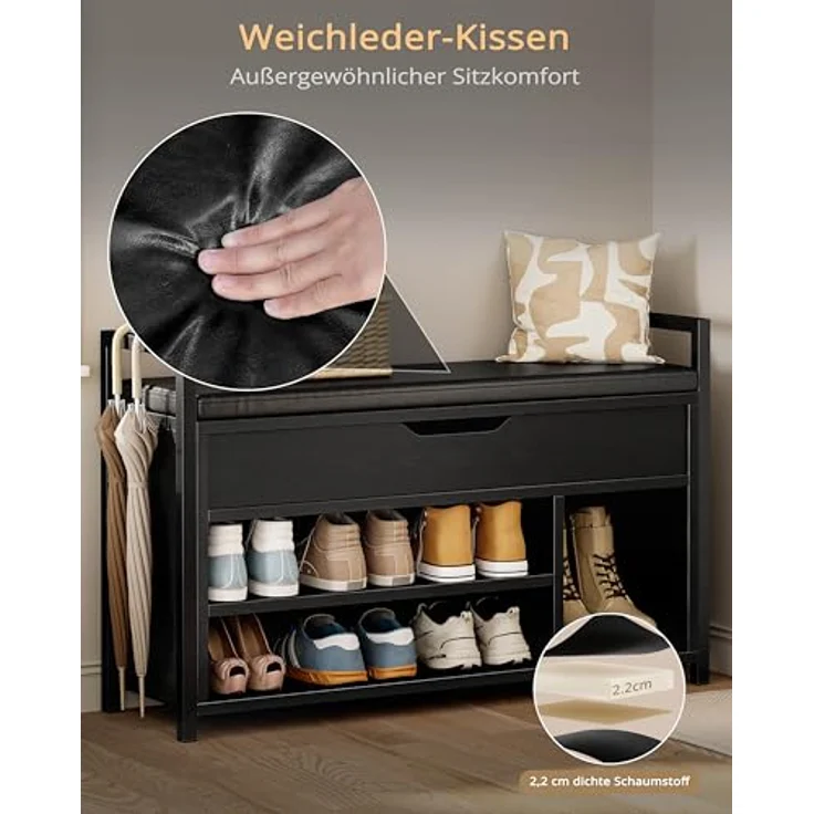 IRONCK Schuhbank mit Sitzfläche, Sitzbank mit Stauraum, Schuhschrank, offene Fächer, Metall Rahmen, Kunstleder, 130kg belastbar, Schuhregal für Eingang,Flur,Wohnzimmer,Schlafzimmer (Schwarz) – Bild 5