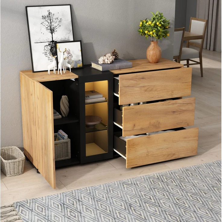 DESVIAE Sideboard mit LED-Beleuchtung und 3 Schubladen, 140x80x40 cm, Spanplatte, Braun/Schwarz – Bild 3