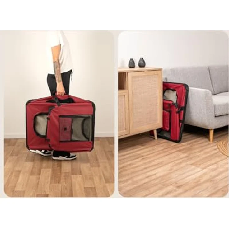 lionto Hundetransportbox, Faltbar, für Reise & Auto, 90x61x65 cm, Rot | Stabile Hundebox aus Stoff mit Netzfenstern, Tragegriffen, weicher Decke & Taschen, für Katzen & Hunde bis 22 kg geeignet – Bild 3