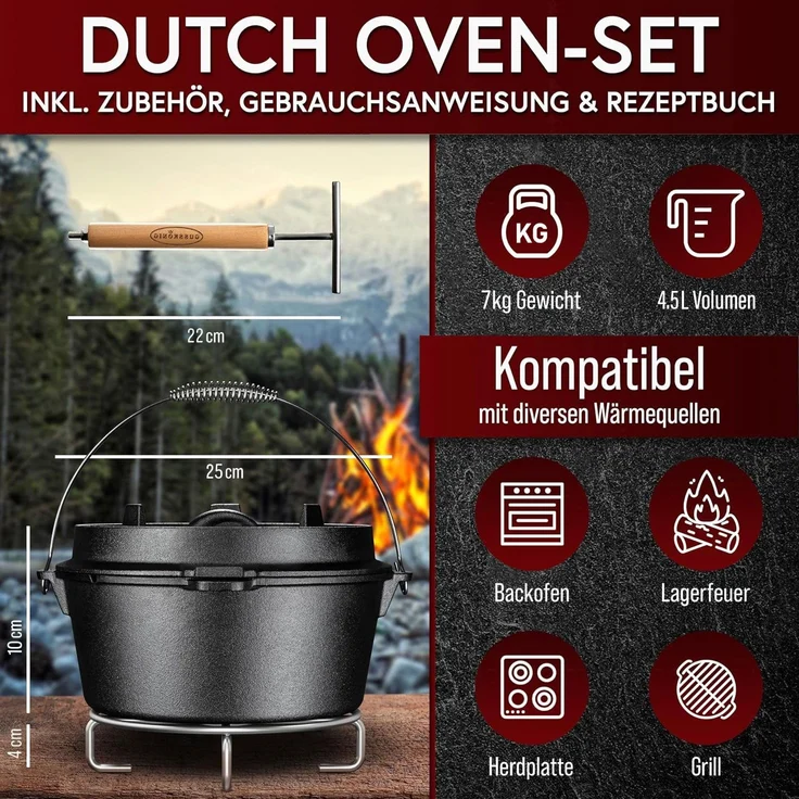 GUSSKÖNIG Dutch Oven in Holzbox 9tlg. mit Bratpfanne Saucentopf Untersetzer Deckelheber – Bild 4