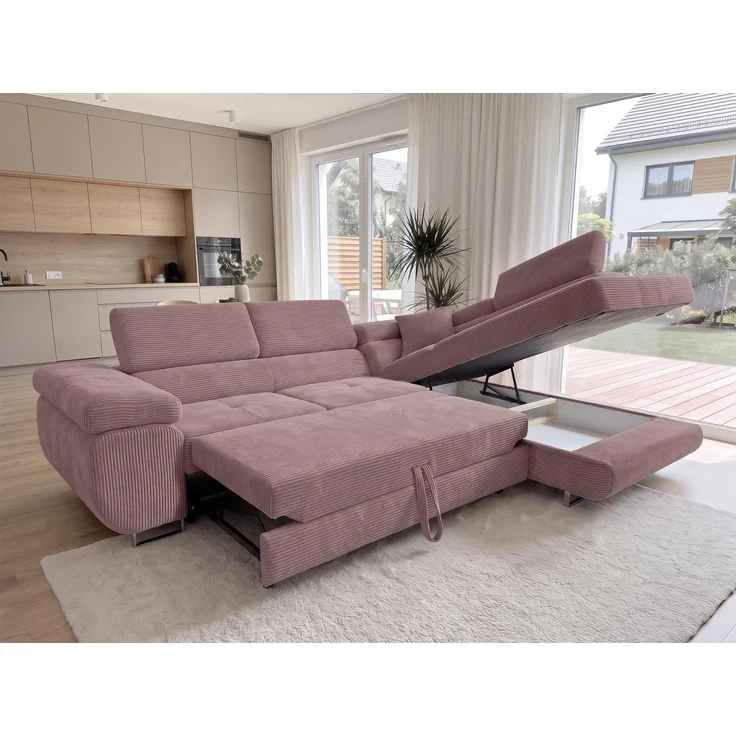 AX LIVING Konak Cord-Schlafsofa R Rosa 276 cm breit mit Bettkasten, Kopfstützen – Bild 3
