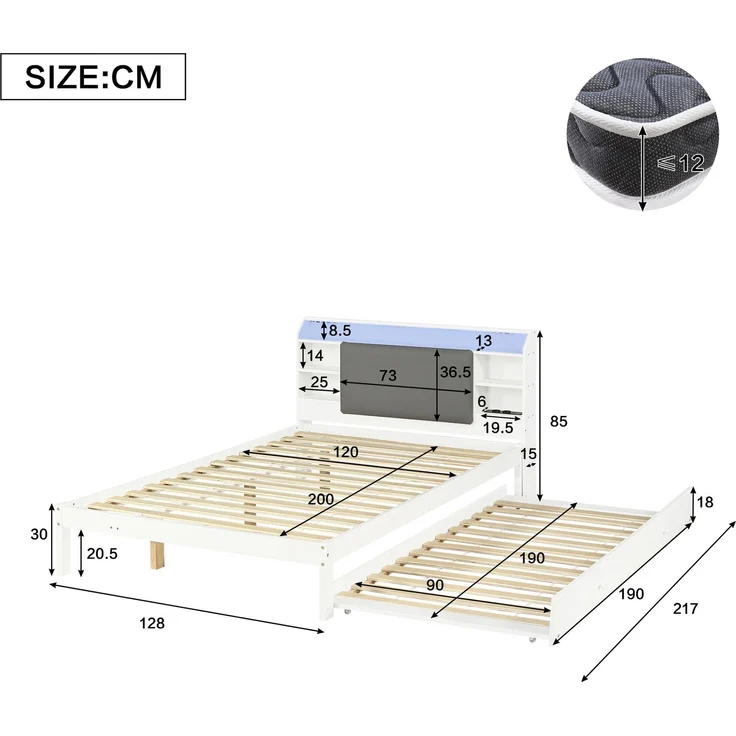 EINHOM Holzbett 120 x 200 cm mit Ausziehbett 90 x 190 cm, Weißes Funktionsbett mit Gepolstertem Kopfteil, LED-Lichtleiste, Kopfteilregal und Ladestation, Ausziehbett Links/rechts Montierbar (Ohne Matratze) – Bild 2