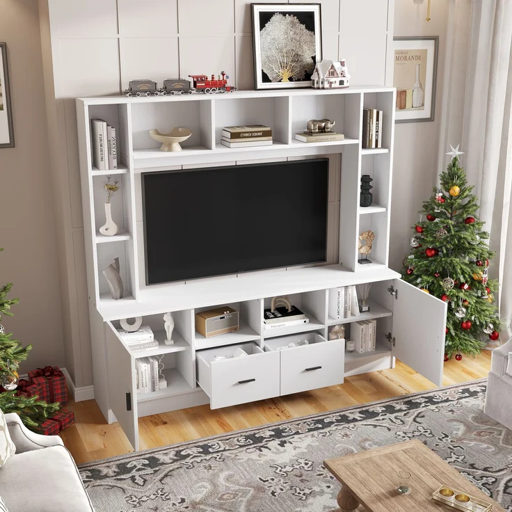 180*35*170cm TV Wohnwand-set mit Vitrine,Mediawand inkl. TV-Board-set und Regal,TV Wohnzimmermöbel-Set mit 2 Schränke, 2 Schubladen , 11 Staufächer, Anbauwand, Wohnzimmerwand, TV bis 60',Weiß--Weiß--180x35x170cm--YOUDENOVA – Bild 6