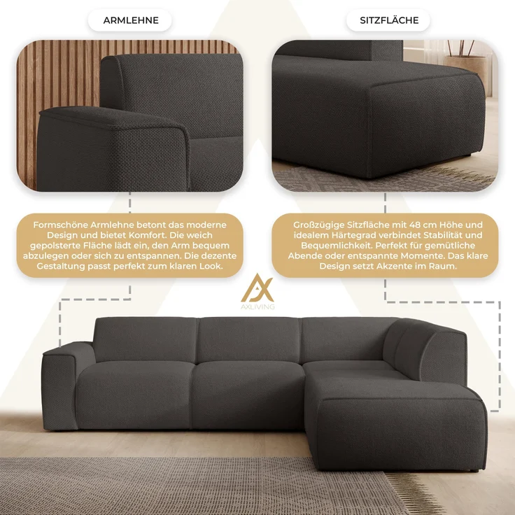 AX LIVING Couch Sofa L Form Didim L Grau – 292 cm, stilvoll & bequem R – Bild 6