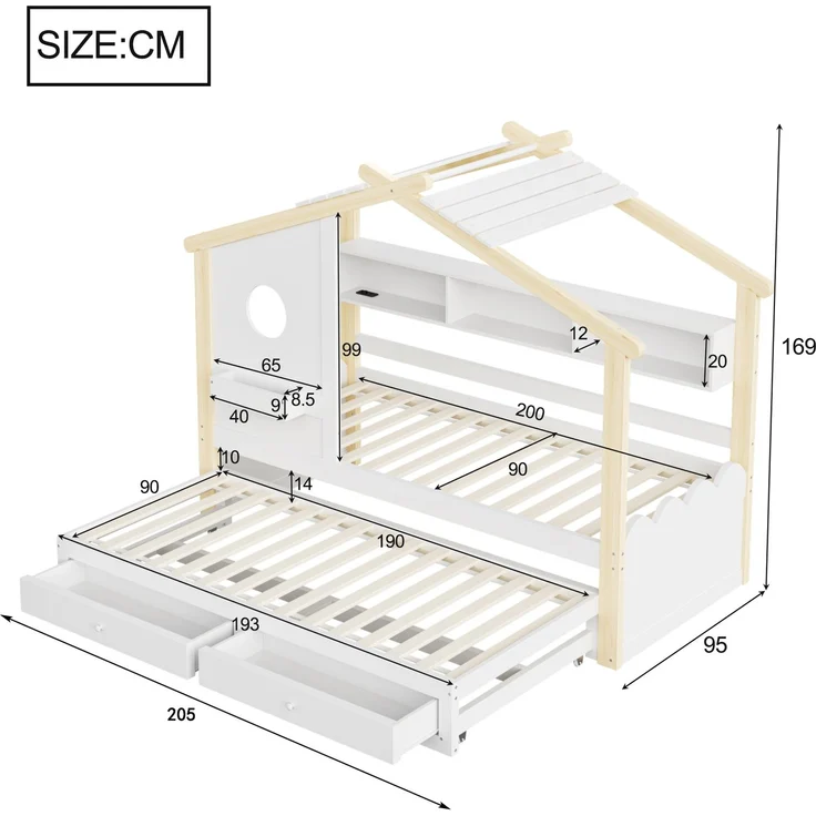 Merax Kinderbett, Jugendbett, 90x200cm, mit Ausziehbett 90x190cm, mit 2 Schubladen, mit USB- und Typ-C-Ladeanschlüssen und LED, mit Einlegeböden, Weiß + Natur – Bild 4