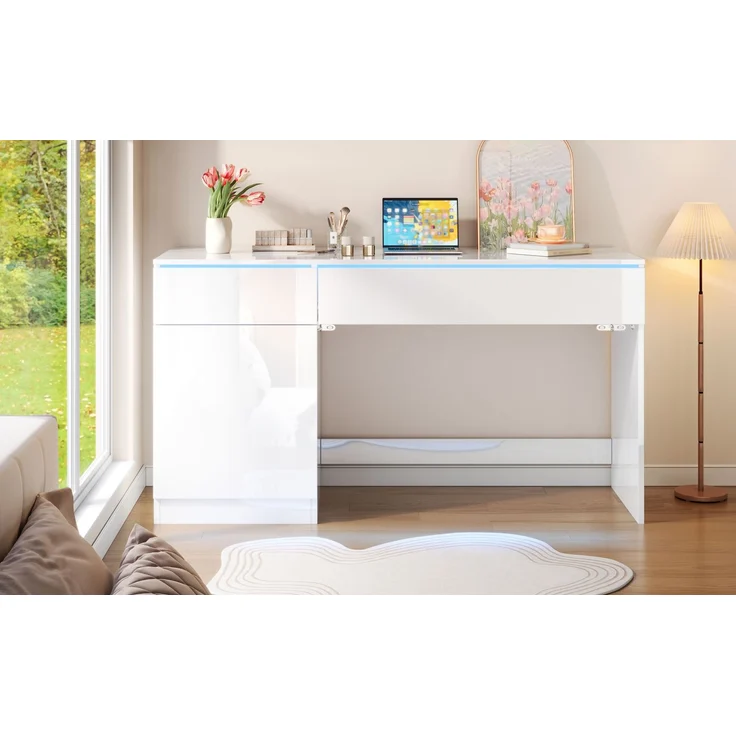 ZUBALIYA Hochglanz Schreibtisch 120 x 50 cm mit LED-Beleuchtung, 2 Schubladen & 1 Tür, großer Computertisch und Schminktisch, Moderner Arbeitsplatz für Homeoffice und Schlafzimmer – Bild 18