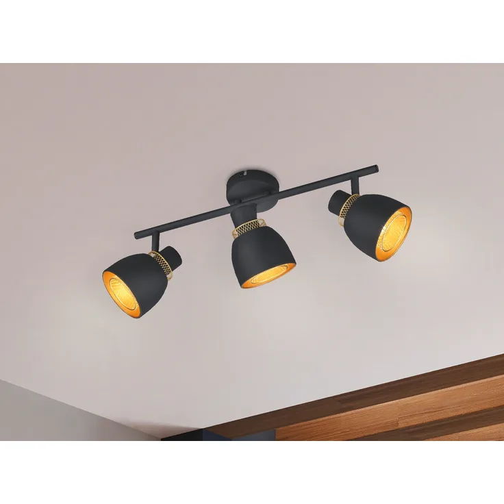 Deckenstrahler PUNCH 3-flammig Schwarz Gold mit Drahtgeflecht, Breite 45cm