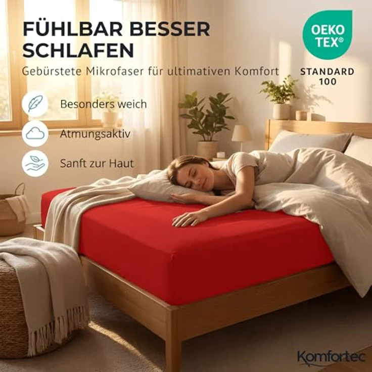 Komfortec Mikrofaser Spannbettlaken 180x200 cm – Weiches Spannbetttuch mit Rundumgummi – Fitted Sheet für Matratzen bis 30 cm – Rot – Oeko-Tex – Pflegeleicht & Hautfreundlich – 90g/m² – Bild 5