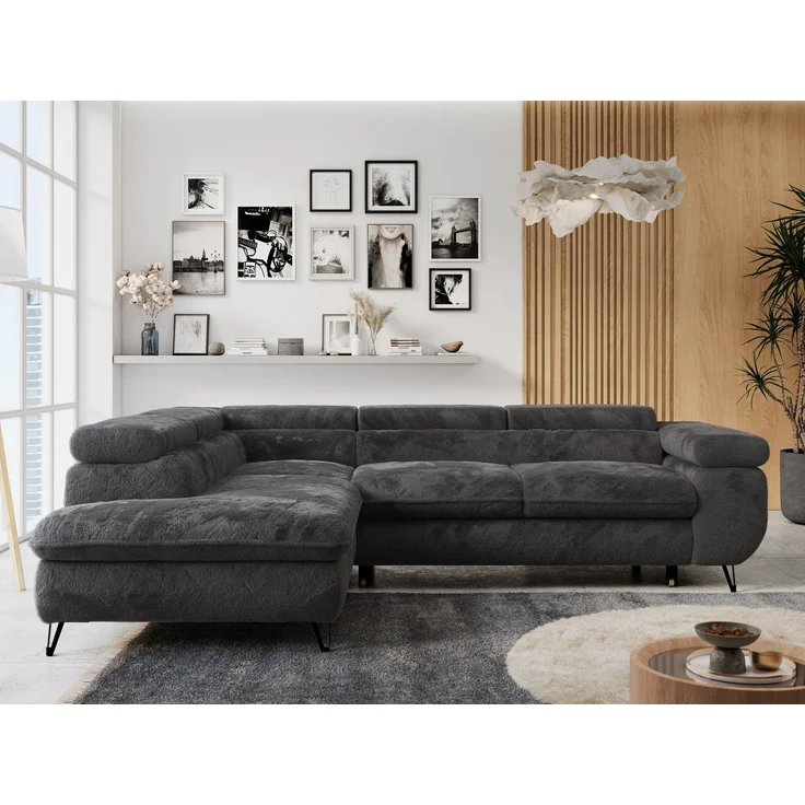 Ecksofa mit Bettfunktion, Modern Sofa, L-form, Einstellbare Kopfstützen, Bettkasten - PETER - Dunkelgrau Plüsch - links – Bild 4