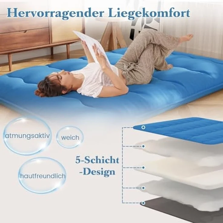 FANTASK Japanische Bodenmatratze, 140x200 cm, Futon -Matratze Tatami -Matte, Klappmatratze mit waschbarem Bezug und Tragetasche (Blau) – Bild 3