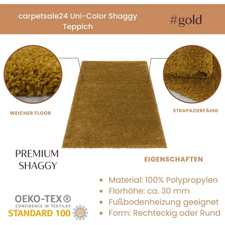 Carpetsale24 Shaggy Hochflor Teppich Wohnzimmer 250x350 (240x340 cm) Goldfarbe - Modern Flauschiger Teppich Extra Weich, Pflegeleicht und Einfarbig - Teppich für Schlafzimmer, Esszimmer und Küche – Bild 3