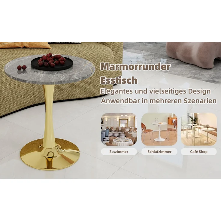 Novelux Couchtisch Gold Runder Esstisch Marmoroptik Dunkelgrau, Mid-Century Tisch 70cm für 2-4 Personen, Kaffeetisch Wohnzimmertisch – Bild 6