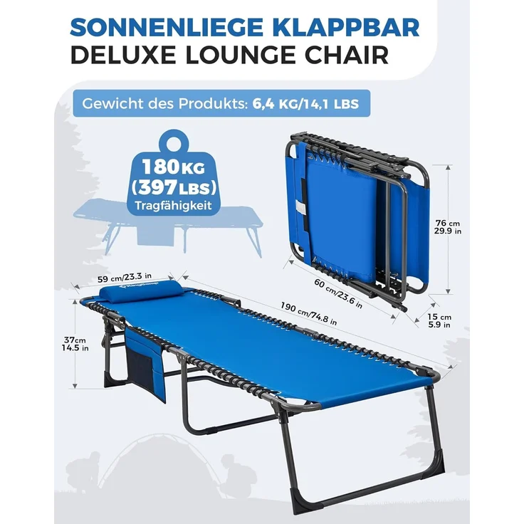 KingCamp Campingliege Sonnenliege Gartenliege klappbar 5-Stufig Verstellbarer Rückenlehne Liege Gartenstuhl Strandliege Camping Klappbett mit Kopfkissen für Garten Urlaub Outdoor Strand Pool – Bild 2