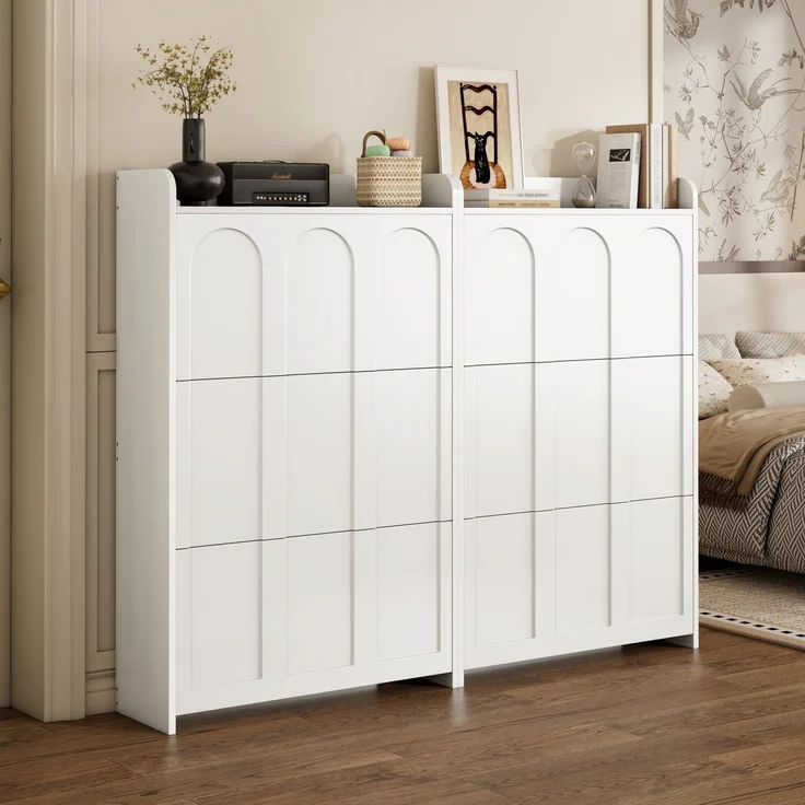 Schuhschrank 140 x 25 x 120 cm aus MDF, weiß, mit 6 Klapptüren und Schublade – Bild 2