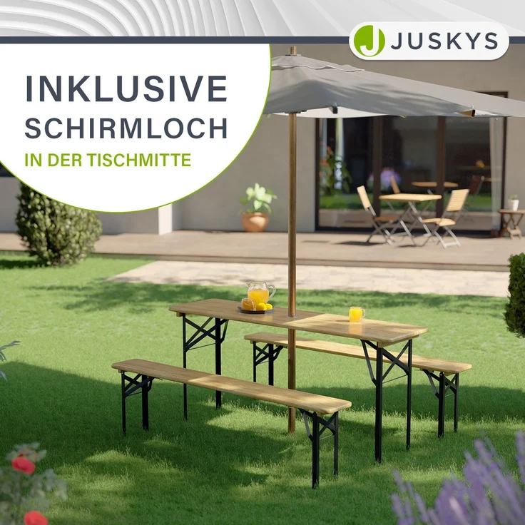Juskys 'Bichl' Bierzeltgarnitur 3-teilig, klappbar, Holz / Metall natur, 170 x 46 x 77 cm – Bild 2