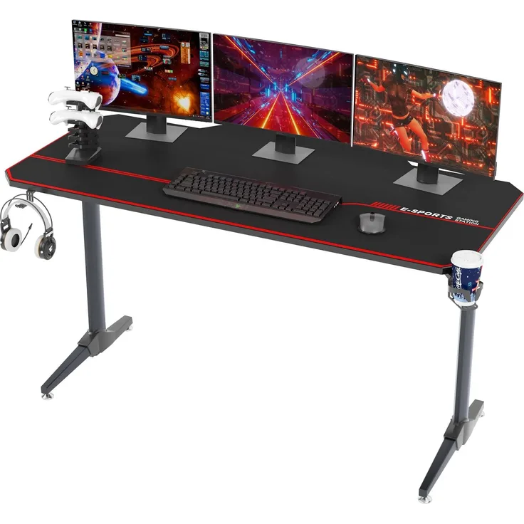 SogesHome Gaming Tisch 140cm Gaming Schreibtisch Computertisch in T-Form Gaming Table PC Tisch Schreibtisch mit Mausunterlage, Getränkehalter und Kopfhörerhaken,Bürotisch Ergonomischer Gamer Tisch