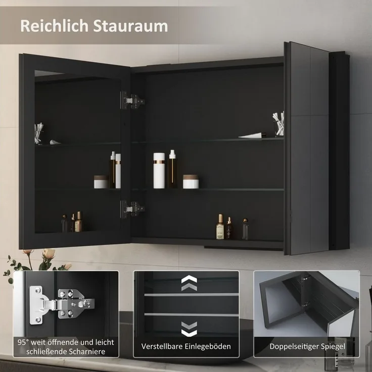 Hopibath Badezimmerspiegelschrank Aluminium Spiegelschrank Schwarz 2türig 80B x 13,5T X 60H cm (Wandschrank Badschrank, mit Doppelseitiger Spiegel, 2Glasböden) vormontiert geliefert