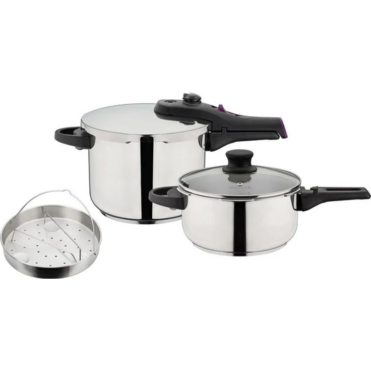 GSW Schnellkochtopf System RAPID, Edelstahl 18/8 (Set, 6-tlg), Dampfkochtopf zum Bio-/Schnellgaren, 2 Garstufen, Induktion – Bild 4
