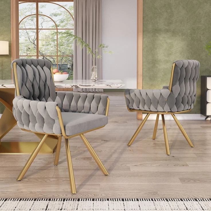 Merax Samt-Esszimmerstuhl, 2er set, Sessel, einzelner luxuriöser Wohn- und Schlafzimmer-Drehstuhl, Freizeit-Drehstuhl mit vier Stützbeinen aus Metall, grau – Bild 2