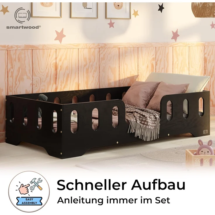 smartwood Kinderbett Bodenbett 90x180 mit Rausfallschutz & Lattenrost - Schwarz - Kinder Montessori Bett TILA 2 mit glatten Kanten - Betten für schnelle Montage - Bis 230 kg belastbar – Bild 4