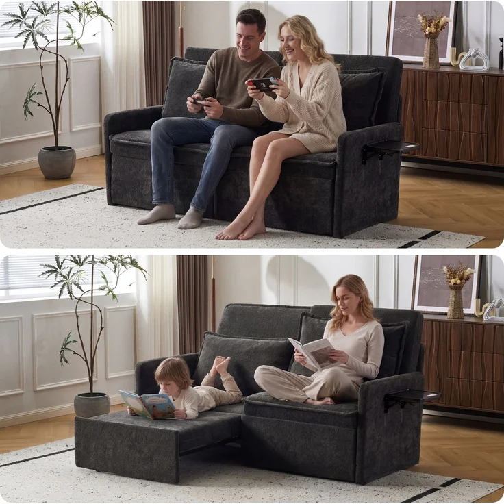 Schlafsofa mit Kissen und USB-Anschluss, 3-in-1-Sofa mit 5-fach verstellbarer Rückenlehne, klappbares Schlafsofa mit Stauraum, Chenille, Schwarz--Schwarz--172.5x71x95cm--YOUDENOVA – Bild 9