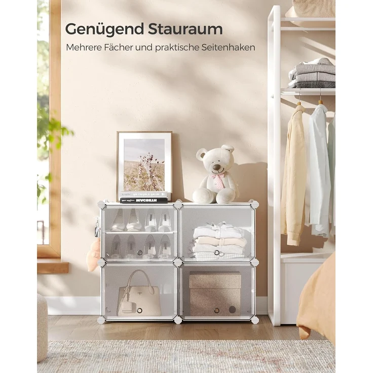 Songmics Schuhregal mit 4 Fächern, Schuhschrank, 30 x 40 x 30 cm pro Fach, schmal, mit Türen, Stahlrahmen, Kunststoff, für Flur, Schlafzimmer, Eingangsbereich, weiß LPC032W01 – Bild 3