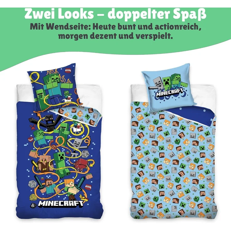 Minecraft Bettwäsche für Jungen 135x200 80x80 cm Motiv Creeper Creeps aus 100% Baumwolle – Bild 5