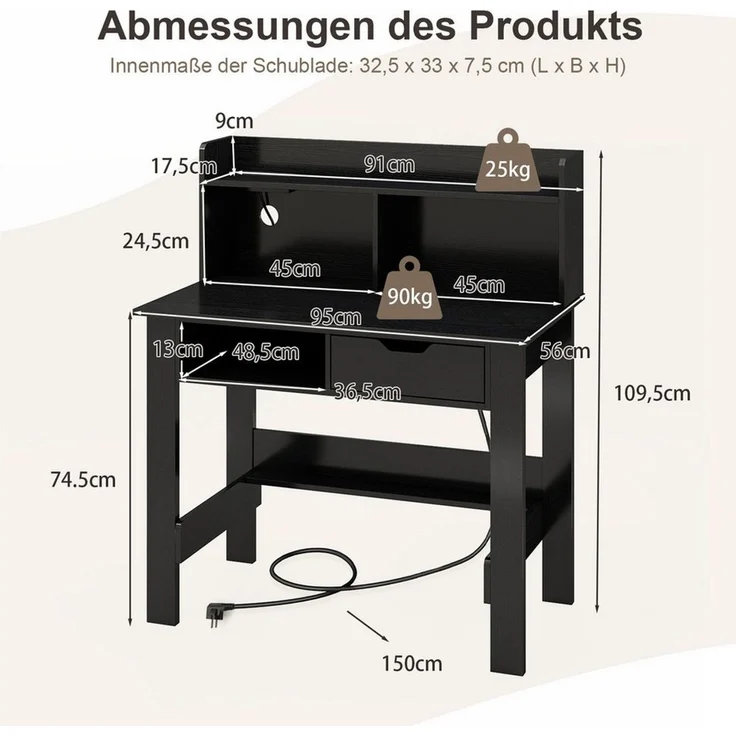 COSTWAY Schreibtisch, mit Steckdosen, Aufsatz, offenem Fach & Schublade – Bild 2