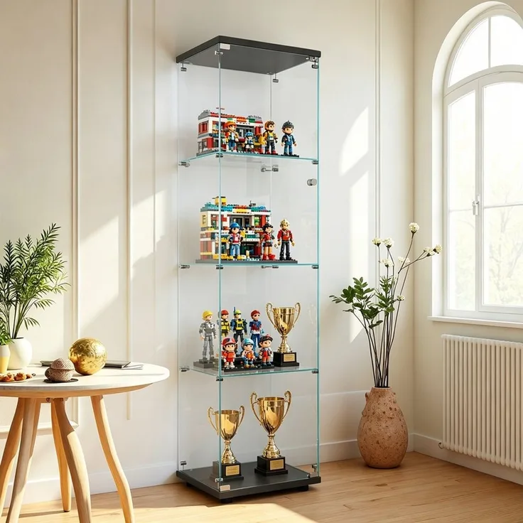 Simurq Glasvitrine Standvitrine aus gehärtetes Glas, Vitrinenschrank mit Glastüren (Glas vitrine mit 2 Glastür und 4 Lagen,Glasschrank mit Schloss) Sammlervitrine mit Kippsicherung,Modernes rahmenloses Design
