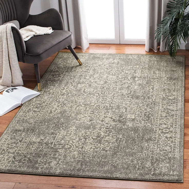 SAFAVIEH Übergangs Teppich für Wohnzimmer, Esszimmer, Schlafzimmer - Evoke Collection, Kurzer Flor, Silber und Elfenbein, 155 X 229 cm